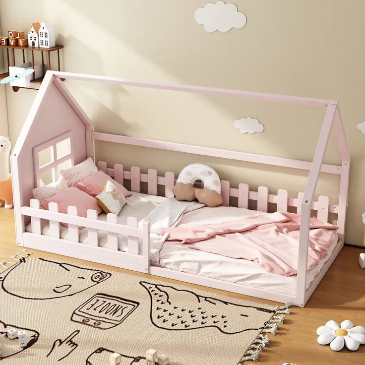 Hausbett mit Lattenrost und Rausfallschutz, 90x200 cm, Kinderbett, Kiefer
