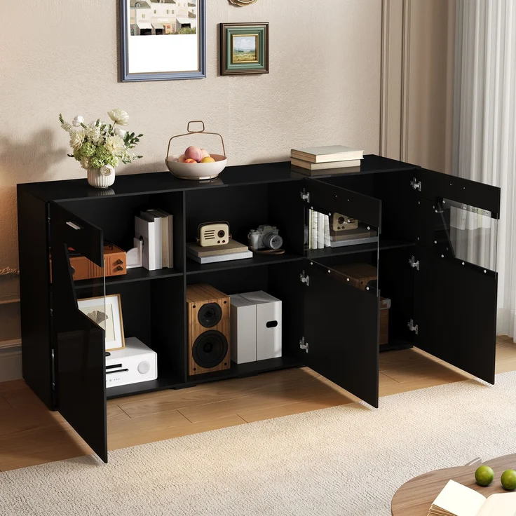 ZUBALIYA Sideboard 160x38x78 cm, mit LED-Beleuchtung, Hochglanz, mit 3 Türen, aus Spanplatte, Schwarz – Bild 10