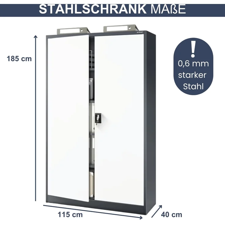 Aktenschrank abschließbar KADO - 5 Ebenen verstellbar, Flügeltüren | Metallschrank Werkstatt Mehrzweckschrank Büroschrank aus Stahl Werkzeugschrank, 185x115x40cm Anthrazit-Weiß – Bild 2