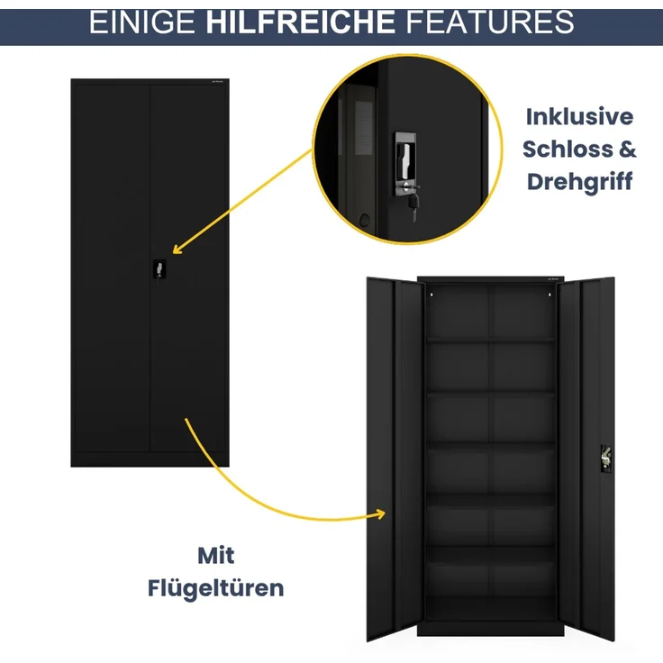 Aktenschrank abschließbar KADO - 6 Ebenen verstellbar, Flügeltüren | Metallschrank Werkstatt Mehrzweckschrank Büroschrank aus Stahl Werkzeugschrank, 220 x 90 x 40 cm Schwarz – Bild 5