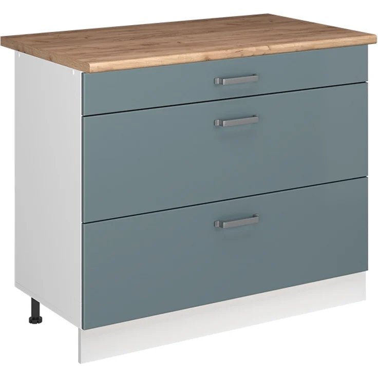 Küchenunterschrank R-Line Blau-Grau/Weiß 100 cm Arbeitsplatte Goldkraft Eiche Vicco – Bild 1