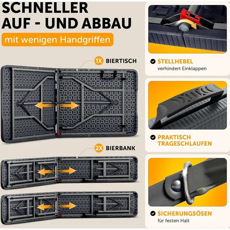 Blumtal Bierzeltgarnitur 3er Set - 2X Bierbank + 1x Biertisch - tragstarke Biertischgarnitur klappbar für 8 Personen - Bierbankgarnitur mit Tragegriff - Biergartengarnitur in Rattan-Optik Schwarz – Bild 2