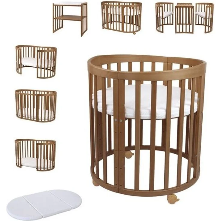 Waldin Babybett Mobiles Babybett OWAL aus Holz 7in1 mit Matratze, mitwachsend – Bild 4