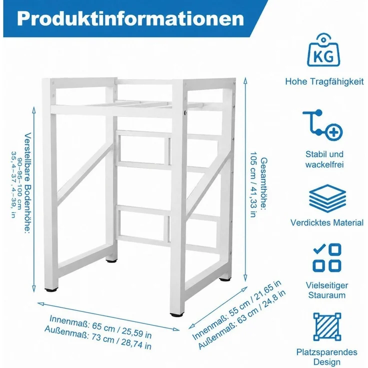 PEALOV Waschmaschinenuntergestell Waschmaschinenregal 2 Ebenen, 260 kg Tragkraft, 105 × 73 × 63 cm, höhenverstellbarer Waschmaschinenüberbau aus Metall – Bild 2