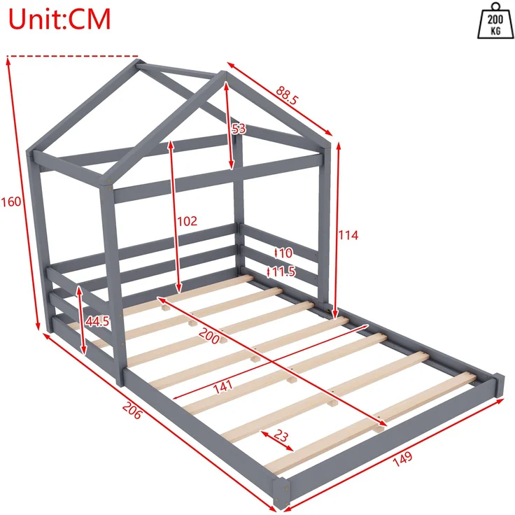 Hausbett 140x200 cm für Kinder, Kinderbett in Hausform mit Lattenrost,modernes Montessori Bett,stabiles Holzhausbett, Grau – Bild 6