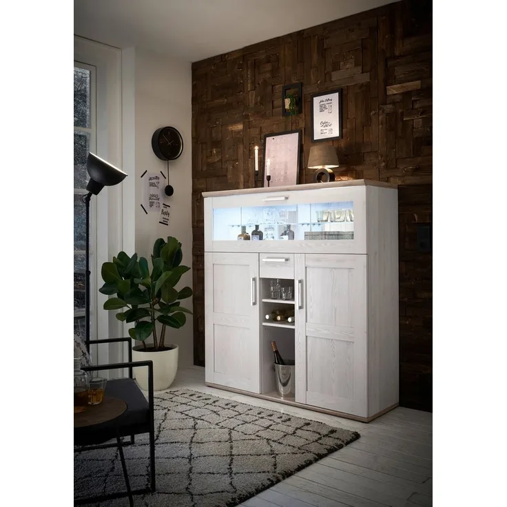 Kommode Barelement Barschrank Spirituosen ROMANCE Sibiu Lärche Weiß/SanRemo Eiche Nb. ca. 128 cm