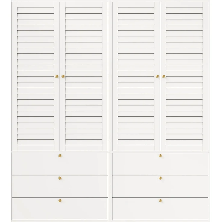 CHICFURN Kleiderschrank 180x200x50 cm mit 4 Lamellentüren, 6 Schubladen und 2 Kleiderstangen Weiß – Bild 8
