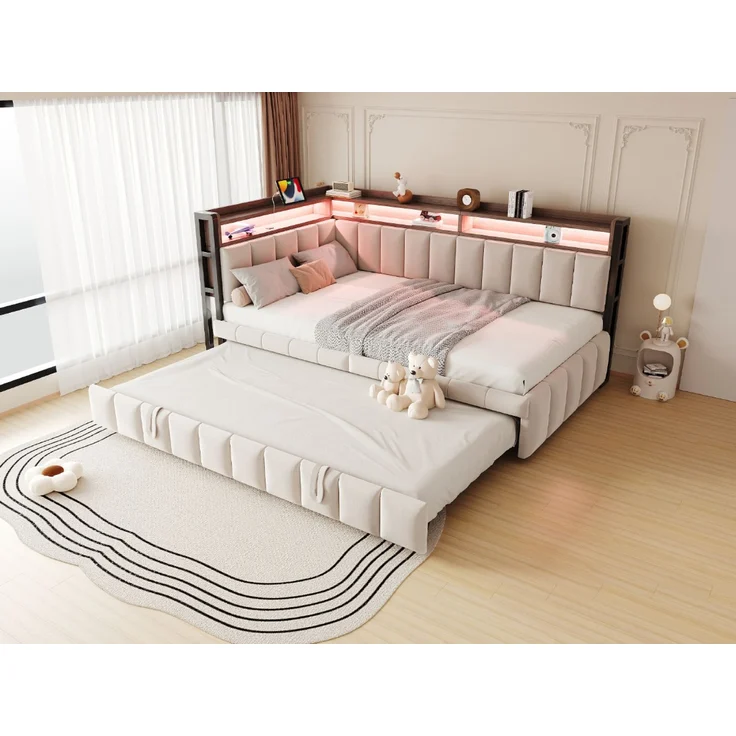 Merax Einzelbett, 90x200cm Polsterbett, Schlafsofa, mit Ausziehbett, LED-Beleuchtung und Ablagefächern am Kopf- und Fußende, Ausgestattet mit USB- und Typ-C-Anschlüssen, Samtstoff Beige – Bild 6