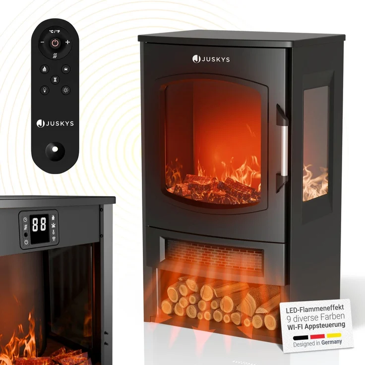 Juskys Elektrokamin 1800W – Schwarz, elektrischer Standkamin mit LED-Flammeneffekt, WLAN/App-Steuerung, Fernbedienung – Bild 1