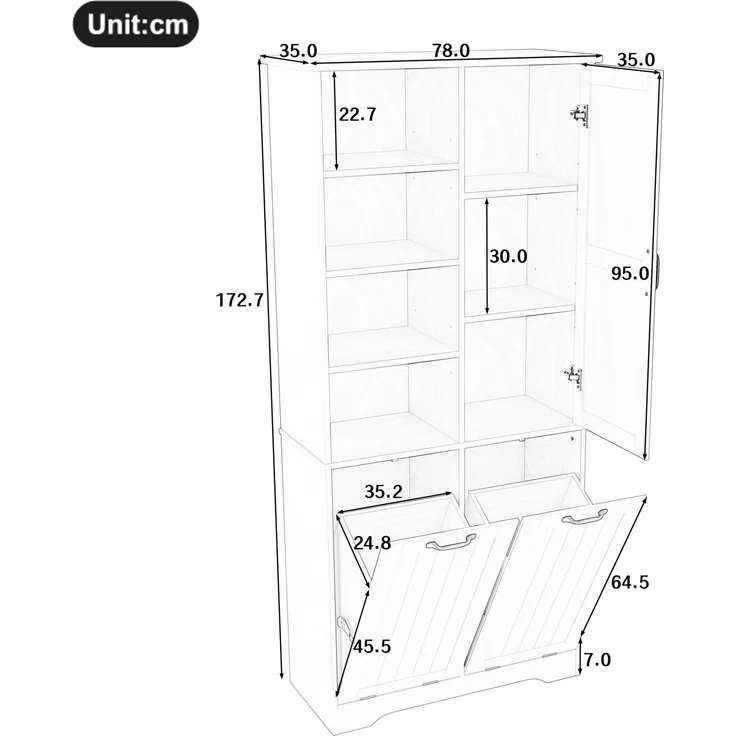 Badezimmerschrank 78 x 35 x 172,7 cm mit 2 Wäschekörben und verstellbarem Einlegeboden – Schwarz – Bild 6