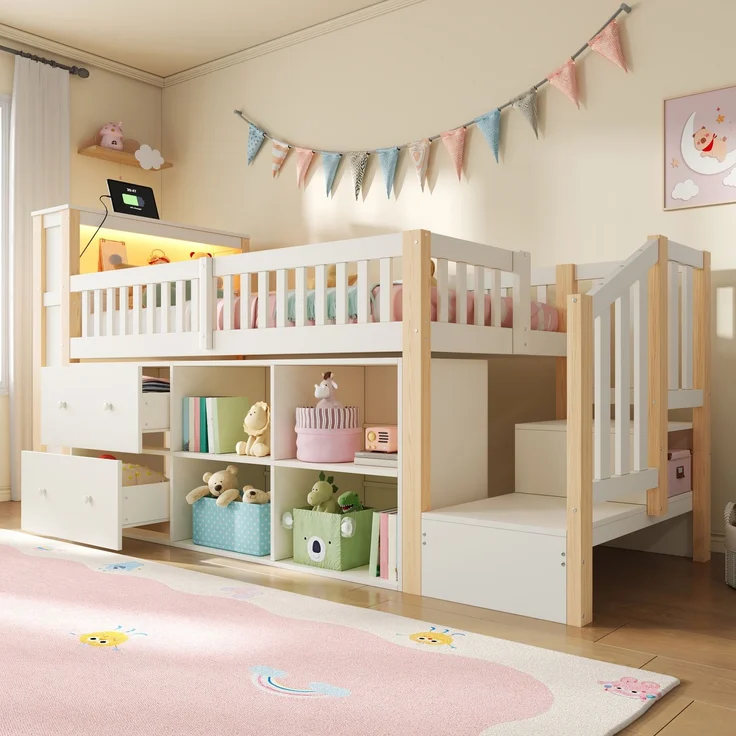 Hochbett, 90 x 200 cm, mit Schubladen, Staufächern, trapezförmigem Schrank, LED-Beleuchtung, Matratze nicht enthalten,Natur – Bild 2