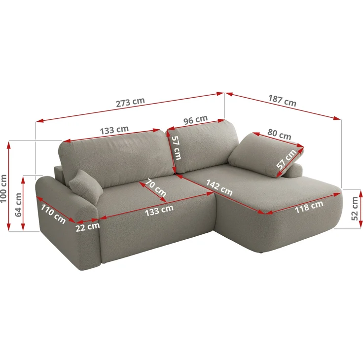 Ecksofa, L-förmiges, lose Kissen, DL-Schlaffunktion, (H 100 x T 187 x B 273 cm) - CUBO L - Boucle Hellgrau - rechte Seite – Bild 6