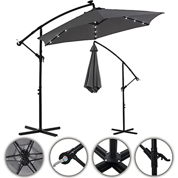 Terrassenschirm Grau Kurbelschirm 350 cm Ampelschirm LED Sonnenschutz Garten Gartenschirm Marktschirm Sonnenschirm Strandschirm 3,5 Meter Aufklappbar – Bild 4