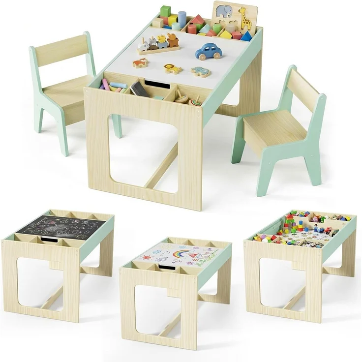 TLGREEN Kindertisch mit 2 Stühlen, Kindersitzgruppe (Kinder Tisch Stuhl Set mit wendbarer Tischplatte, 80 x 48 x 48 cm), Kinderschreibtisch für Schule, Kindertagesstätte, Kinderzimmer – Bild 1