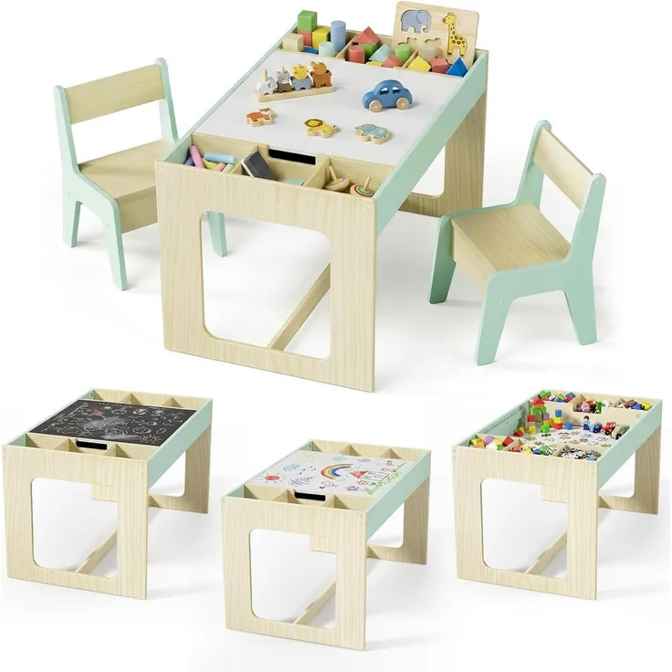 TLGREEN Kindertisch mit 2 Stühlen, Kindersitzgruppe (Kinder Tisch Stuhl Set mit wendbarer Tischplatte, 80 x 48 x 48 cm), Kinderschreibtisch für Schule, Kindertagesstätte, Kinderzimmer