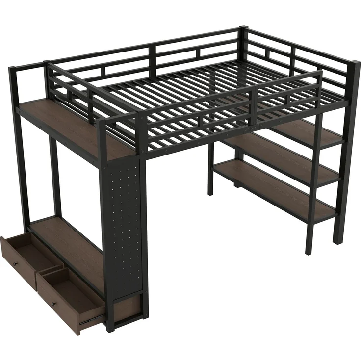 Merax Hochbett, 140x200 cm, Doppelbett, mit offenem Kleiderschrank, mit Ablagefächern, Lochwand und LED-Beleuchtung, schwarz – Bild 9