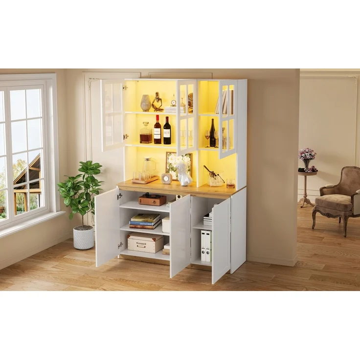 ZUBALIYA Vitrinenschrank 120x200cm, Buffetschrank mit LED-Beleuchtung, Küchenschrank mit Glasrahmentüren, Weiß mit Holzoptik, großer Wohnzimmerschrank als Barschrank, Geschirrschrank und Aufbewahrungsschrank – Bild 20
