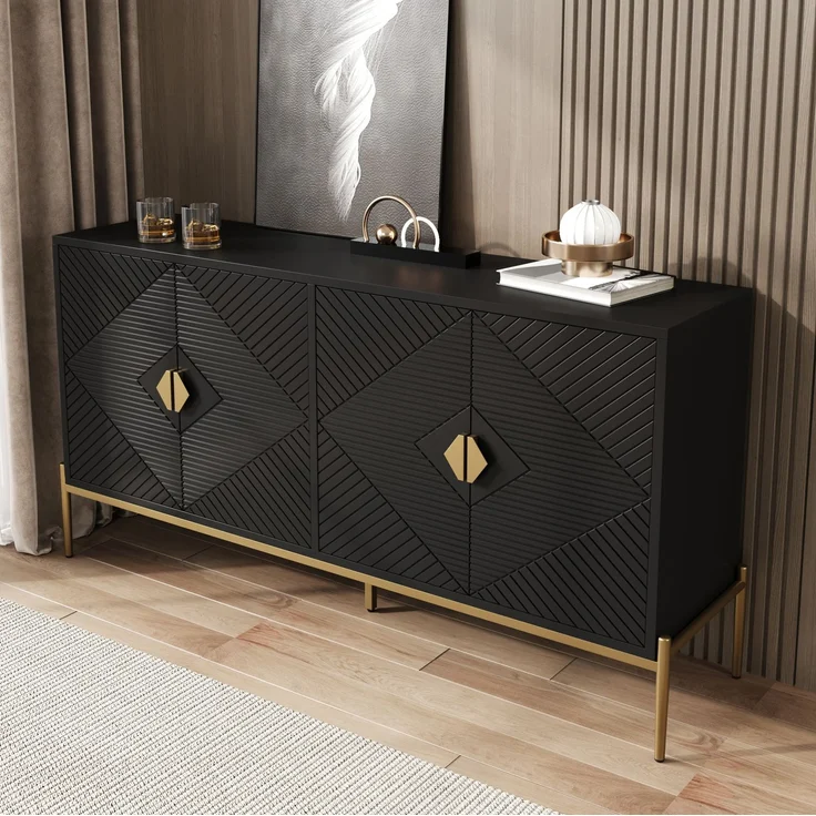DESVIAE Sideboard mit 4 Türen und geometrischem Muster 162x80x40 cm MDF/Spanplatte Schwarz – Bild 4