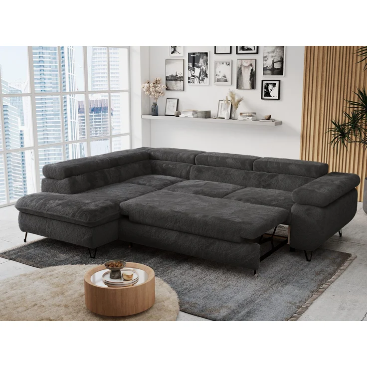 Ecksofa mit Bettfunktion, Modern Sofa, L-form, Einstellbare Kopfstützen, Bettkasten - PETER - Dunkelgrau Plüsch - links – Bild 5