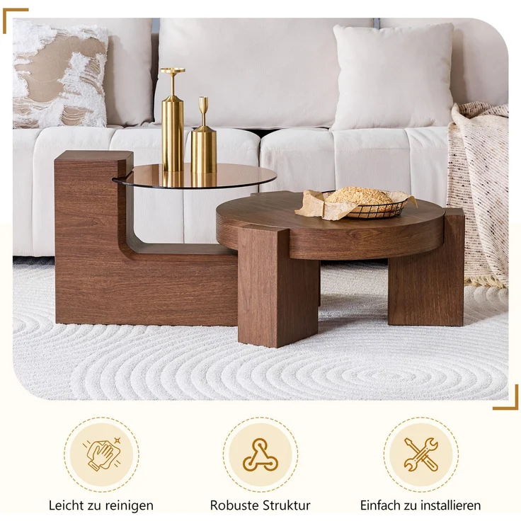 DESVIAE Couchtisch-Set 2-tlg. mit Sicherheitsglas Ø61x30 cm, MDF in Nussbaumoptik, braun – Bild 4