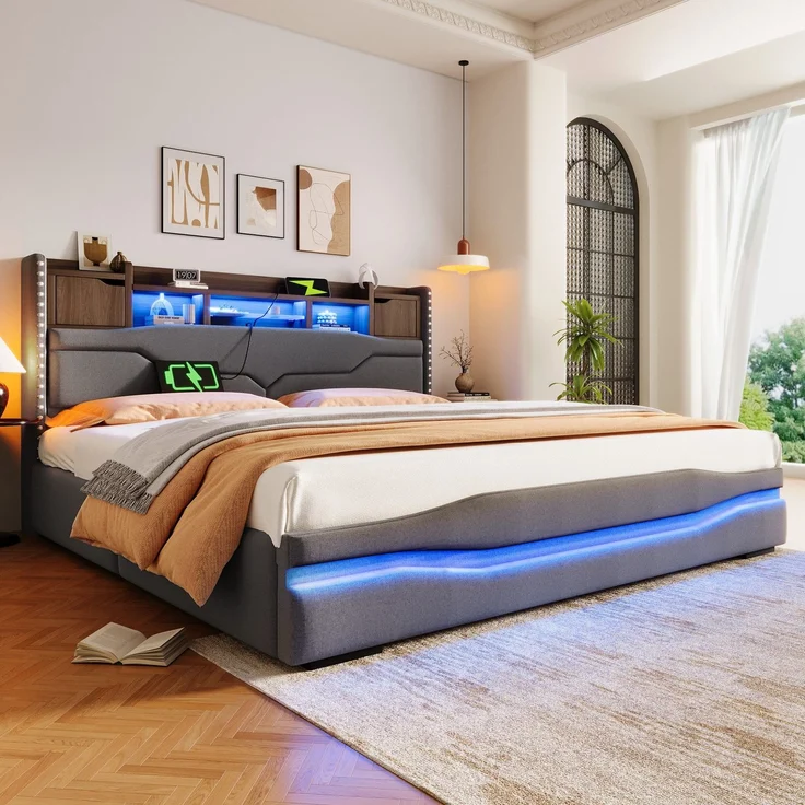 Polsterbett mit LED-Beleuchtung und Stauraum, 180x200 cm, USB/Type-C Anschlüsse, gepolsterter Kopfteil, Doppelbett, Stauraumbett, Leinen – Bild 2