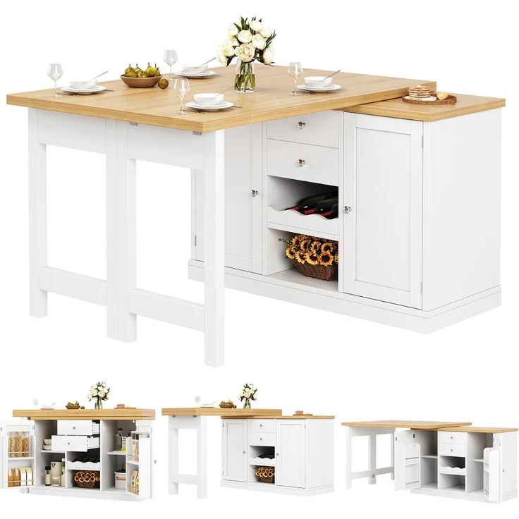 Merax Ausziehbarer Kücheninsel-Esstisch 120-197cm, 360° drehbar, mit Weinregal & Snack-Regalen, magnetische Türen, Weiß, belastbar bis 60kg – Bild 10
