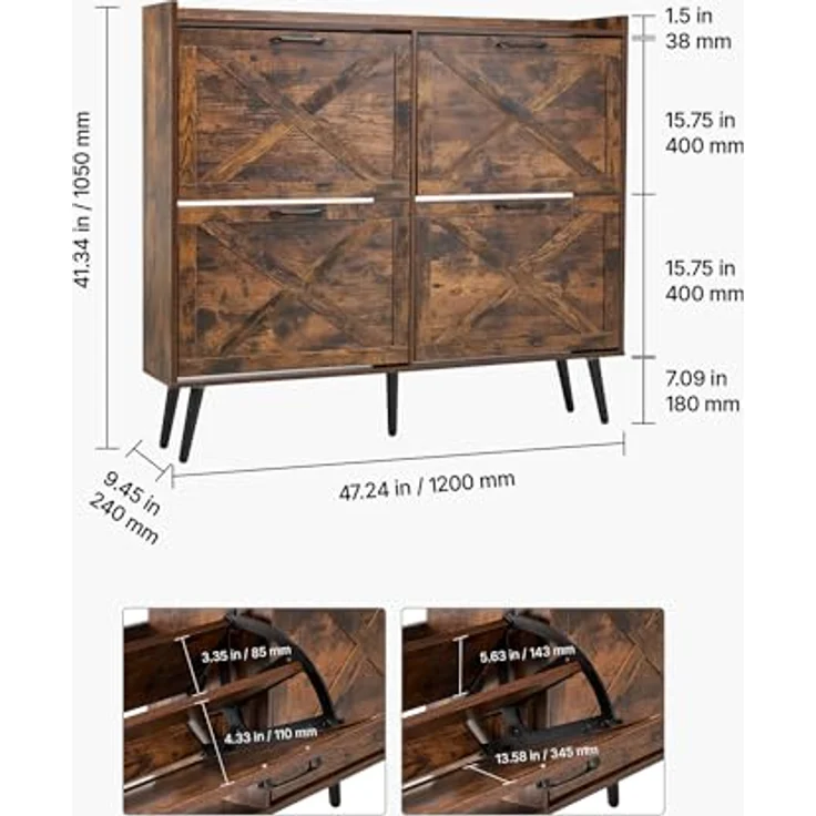 VEVOR Schuhschrank mit 4 Klappen & Kippschutz, platzsparender Schuhkipper, freistehender Schuhregal-Organizer für den Eingang Flur Wohnzimmer Veranda, Vintage Schuhregal 120 x 24 x 105 cm Braun – Bild 4