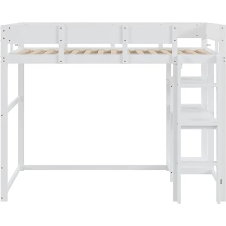 Ball & Cast Loft Bed (90x200 cm) mit Lagerregal, Holzerner Bettgestell mit Leiter und Geländer, Einfach und Zeitsparend Montierbar, Stabil & Rauschlos, Weiß – Bild 8