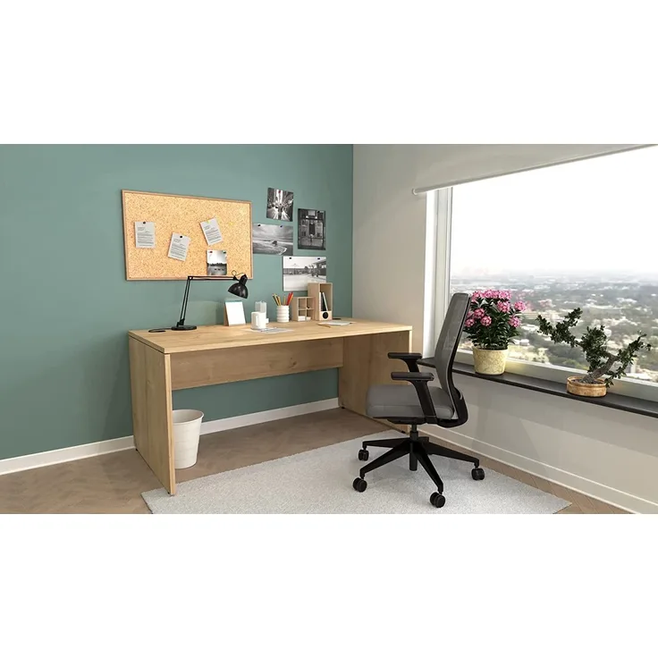 Furni24 Schreibtisch fürs Arbeitszimmer und Home Office - Großer laminierter Computertisch aus Holz, 2 Kabeldurchlässe, Bodengleiter, 2-Personen-Arbeitsplatz (Saphir-Eiche, 160 x 80 x 75 cm)
