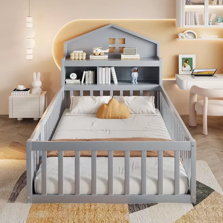 Kinderbett mit Lattenrost und Zaun, 90x200 cm, Rausfallschutz, Stauraum, Jugendbett, Holzbett, Einzelbett, Kiefer – Bild 2
