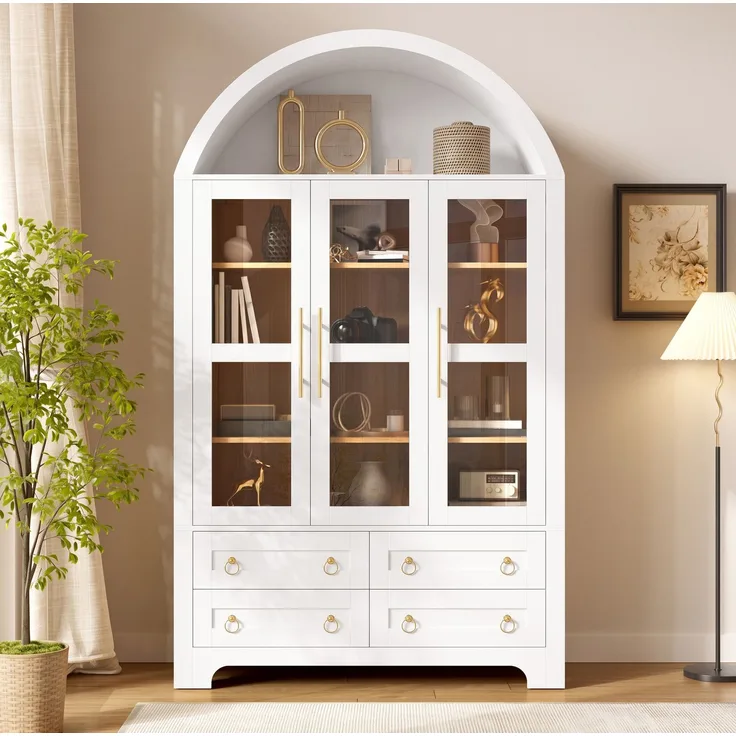 DESVIAE Sideboard Weiß aus MDF/Spanplatte – 110x185x40 cm – 3 Glastüren, 4 Schubladen