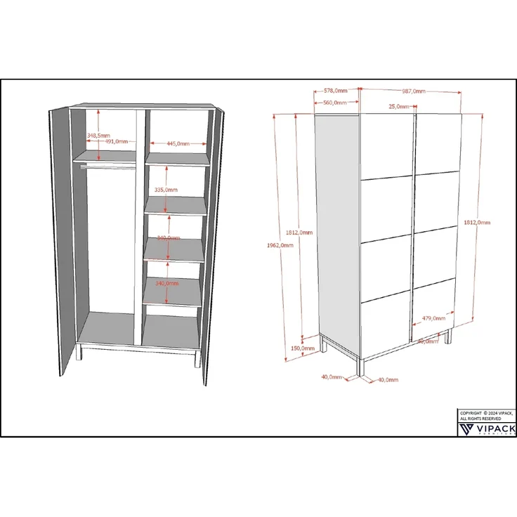 Kleiderschrank Eva 98.5 x 196.2 x 57.8 cm Kiefer MDF Weiß – Bild 3