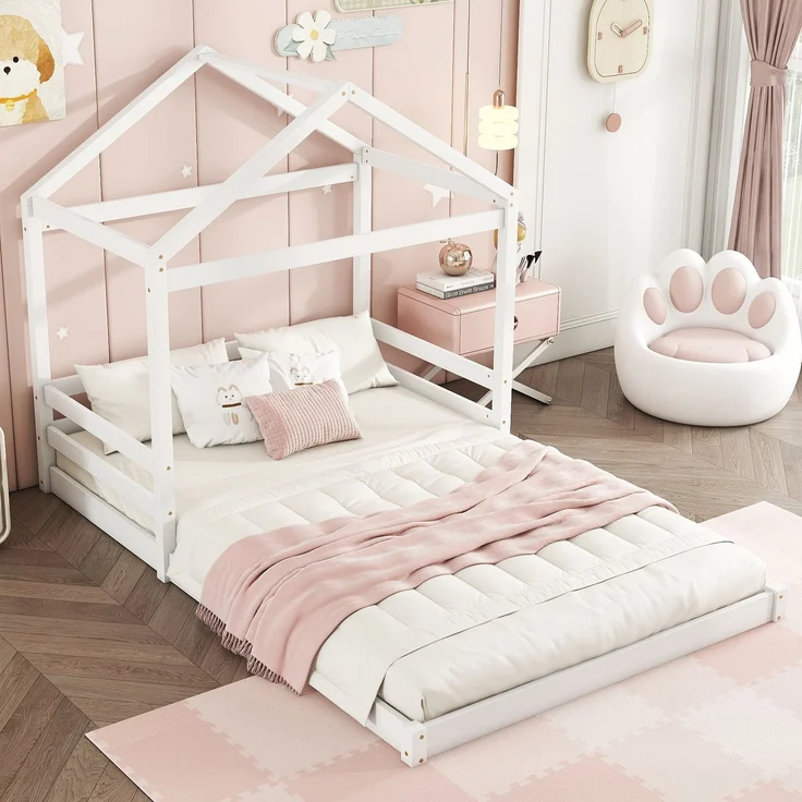 Hausbett 140x200 cm für Kinder, Kinderbett in Hausform mit Lattenrost,modernes Montessori Bett,stabiles Holzhausbett, Weiß – Bild 2