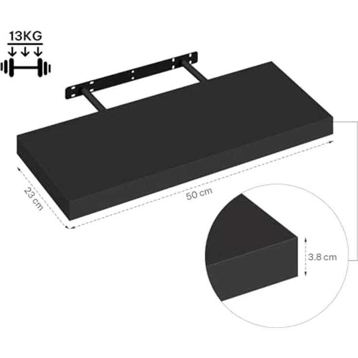 eSituro Wandregal, schwebendes Regal für Wandmontage, Schweberegal Hängeregal Wandbrett im Wohnzimmer Schlafzimmer Küche Badezimmer, schwarz modern, MDF, 50 x 3,8 x 22,9 cm – Bild 4
