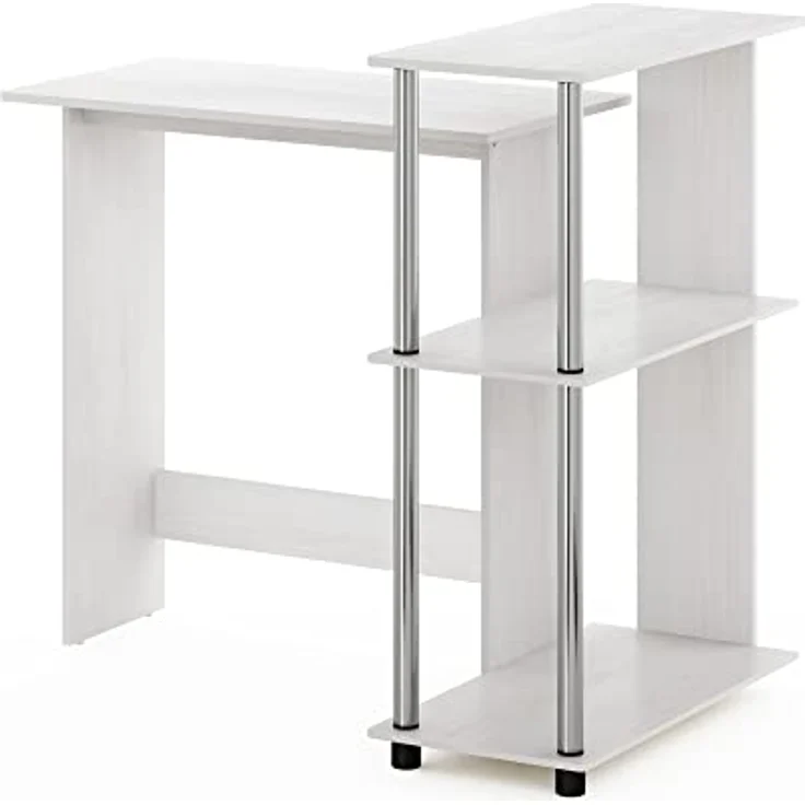 Furinno Abbott Eck-Computertisch mit Bücherregal, weiße Eiche, Edelstahlrohre – Bild 8