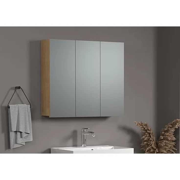 Trendteam Niklas Spiegelschrank, 90 x 80 cm, Evoke Eiche, feuchtigkeitsbeständiger Korpus, 3 Spiegeltüren, verstellbare Ablageböden – Bild 2