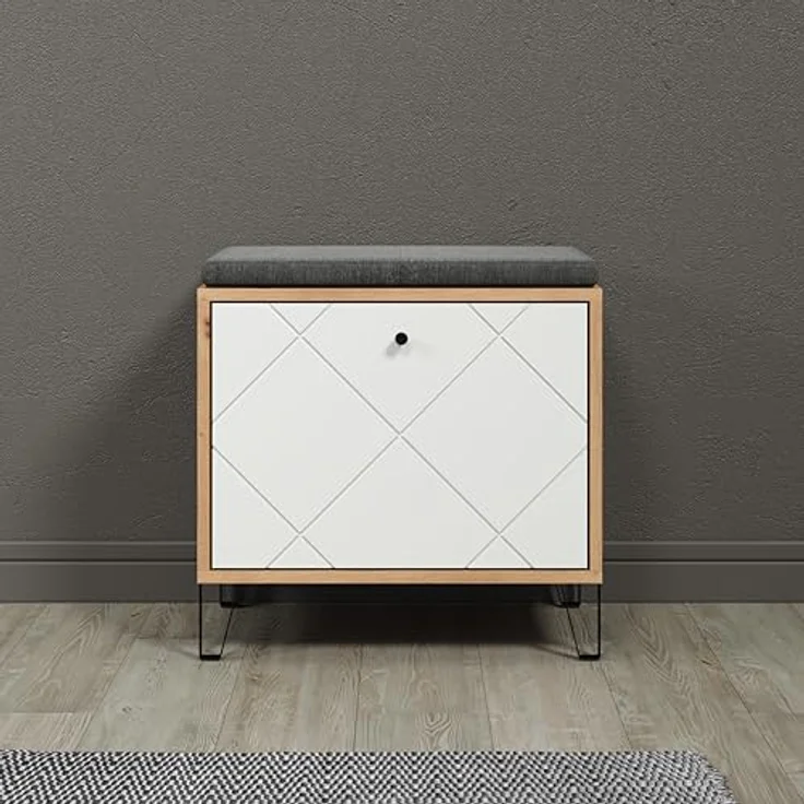trendteam smart living - Touch - Sitzbank - Eiche/Weiß - Garderobenbank mit Platz für 4 Schuhpaare - Moderne Metallfüße - (BxHxT) 63 x 56 x 40 cm - Klappe mit Soft-Close Funktion - Rautenoptik – Bild 3