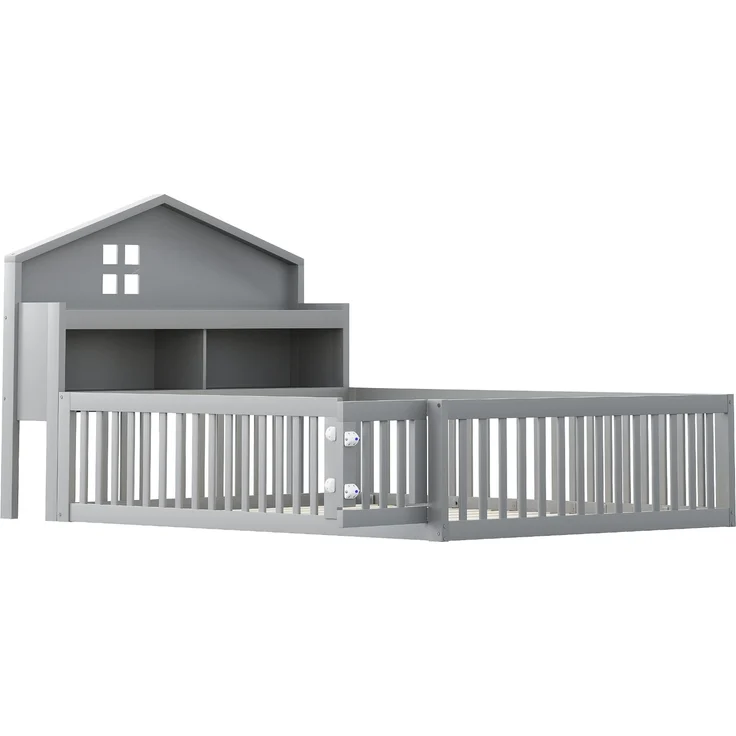 Kinderbett Hausform 140x200 cm mit Kreidetafel, Regalen & Tür,Massivholz Bodenbett,Grau – Bild 9