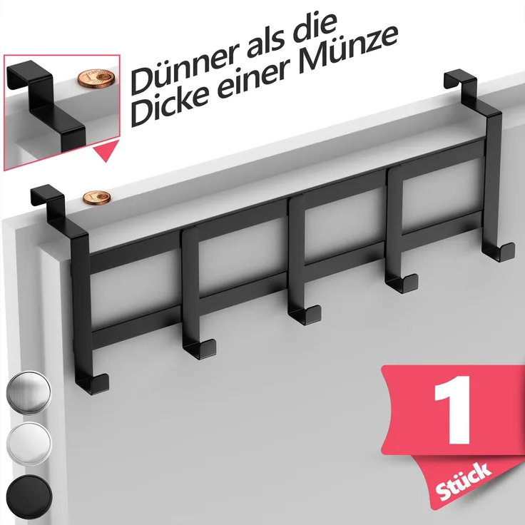 Lindenstein Türgarderobe für Falztüren innen, 5 Haken, Edelstahl, Schwarz – bis 15 kg