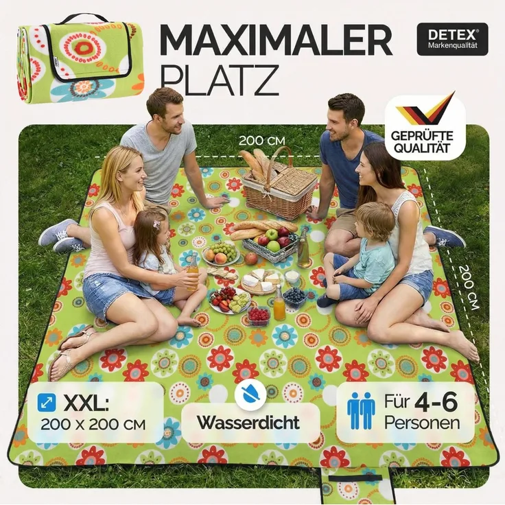 DETEX® Picknickdecke 200x200 cm Blumen Wasserdicht Isoliert Faltbar