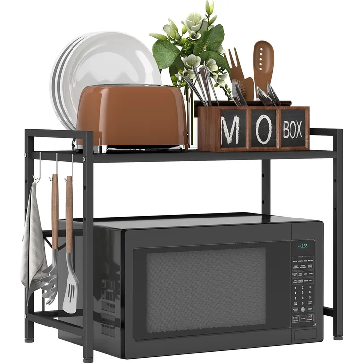 MELAYR, Mikrowellenregal, 3 Haken, ausziehbar, Metall, 40 cm hoch, Schwarz