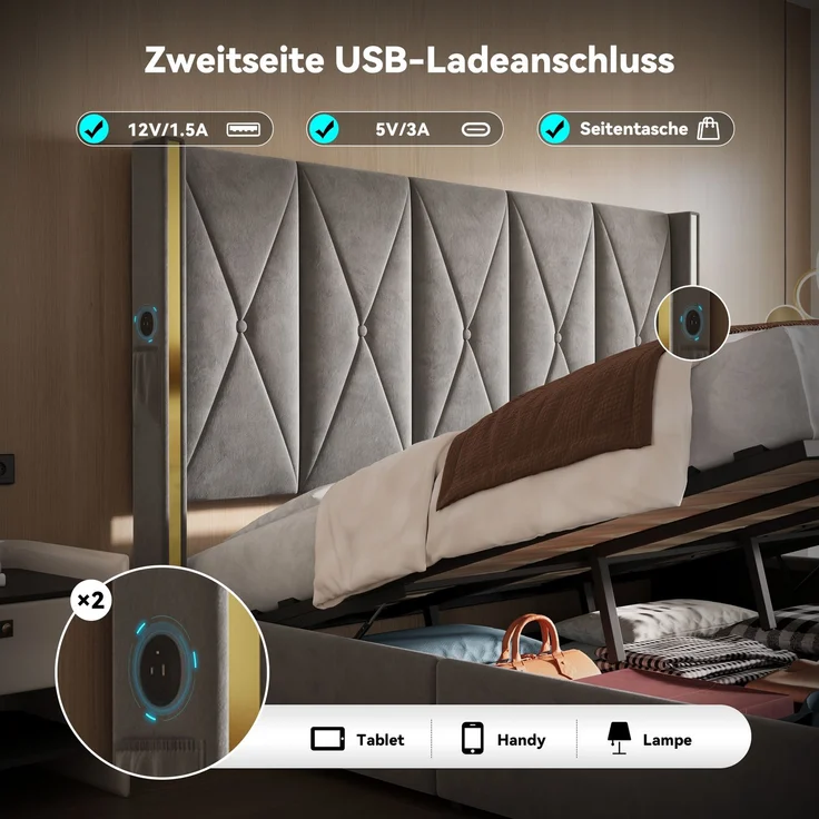 LVHOM Polsterbett mit Stauraum, Doppelbett mit LED, USB-Anschlüsse und Seitentaschen, Funktionbett, 180x200 cm, Grau – Bild 3