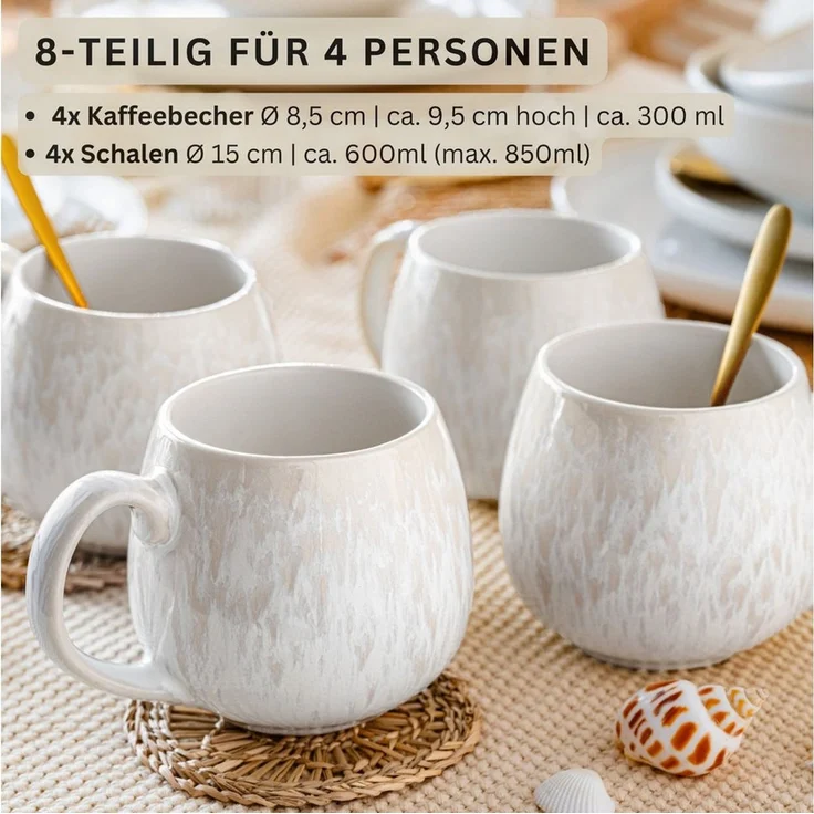 SÄNGER Geschirr-Set Korfu Geschirrset (12, 16, 24, 36 Teile) (8-tlg), 4 Personen, Steingut, Frühstücks Set, Creme, Handmade, Premium Collection – Bild 2