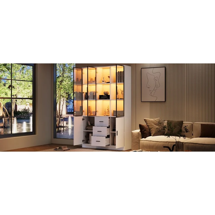 ZUBALIYA Vitrine mit Glasschrank Tür und LED-Licht, Vitrinenschrank Glasvitrine mit MultiStorage Bücherregal, Highboard Sammlervitrine mit Griff, 3 Schubladen & Türen, Wohnzimmerschrank, Weiß – Bild 23