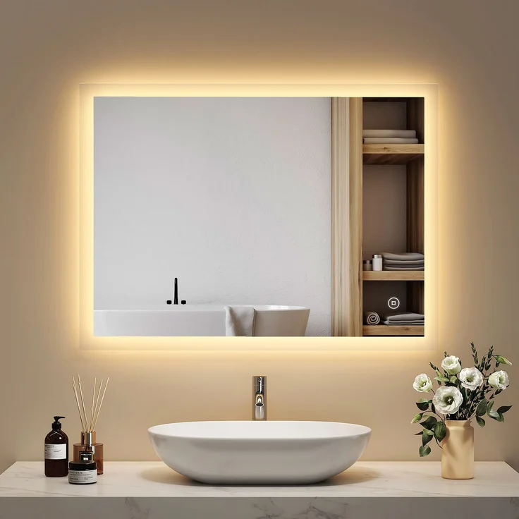 EMKE Badspiegel mit LED Beleuchtung 80x60cm Beschlagfrei 3 Lichtfarben Dimmbar Touch – Bild 1