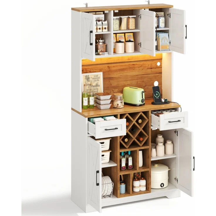 ZUBALIYA hoher Stauraumschrank mit LED-Beleuchtung / Vorratsschrank mit Weinregalen, mit weinschrank & Vitrinenschrank für Wohnzimmer und Esszimmer, 180 x 105 x 40 cm, fürs Wohnzimmer, mit Schubladen – Bild 6