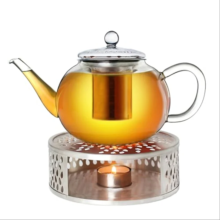 Creano Teekanne Creano Teekanne aus Glas 1,2l + ein Stövchen aus Edelstahl, 3-teilige, (Set, 4-St) – Bild 2