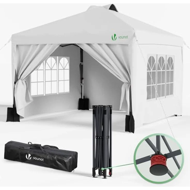 VOUNOT Pavillon 3x3 m Wasserdicht Stabil Winterfest, Pop Up Faltpavillon mit 4 Seitenteilen und 6 Sandsäcke, Faltbar Partyzelt Gartenzelt Gartenpavillon inkl. Tasche, Weiß – Bild 2