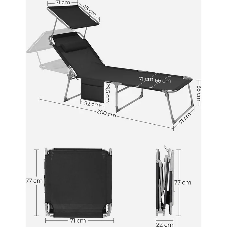Songmics Gartenliege klappbar, mit Kopfstütze und verstellbarer Rückenlehne, 2x Sonnenliege, mit Seitentasche, Schwarz, 71 x 200 x 38 cm – Bild 2