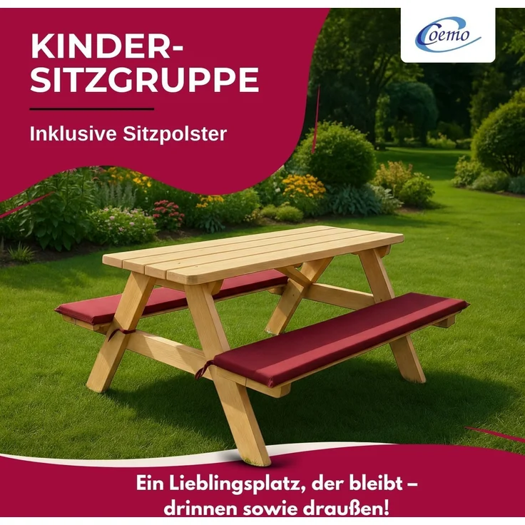 Coemo Kinder-Sitzgruppe Natur Picknicktisch mit Polster Spieltisch Gartentisch Holz – Bild 2